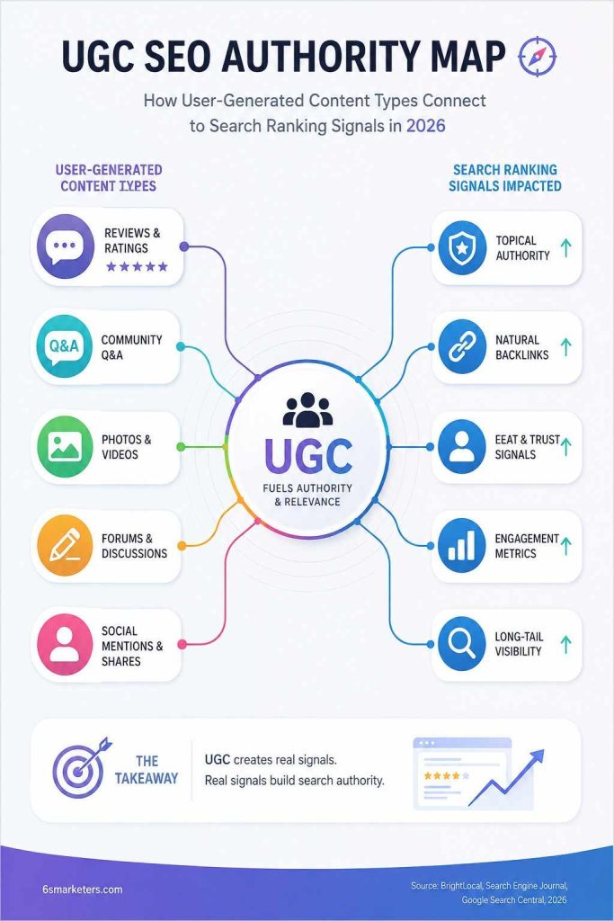 Infographic showing the UGC SEO authority map — how user-generated content types connect to search ranking signals in 2026