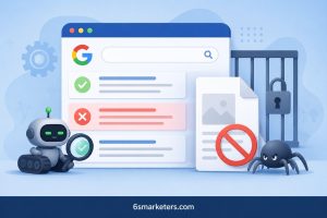 Google not indexing pages — magnifying glass over a webpage with a warning icon