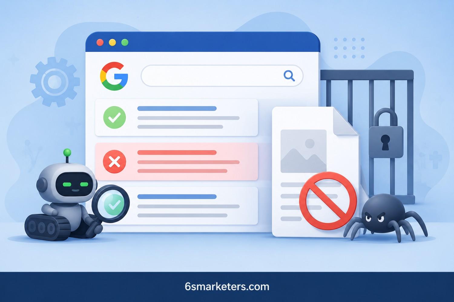 Google not indexing pages — magnifying glass over a webpage with a warning icon