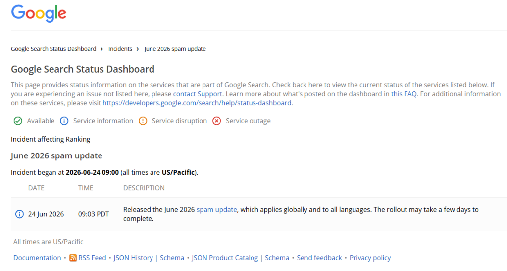 Search Status Dashboard announcing the Google Spam update June 2026 rollout across all languages.