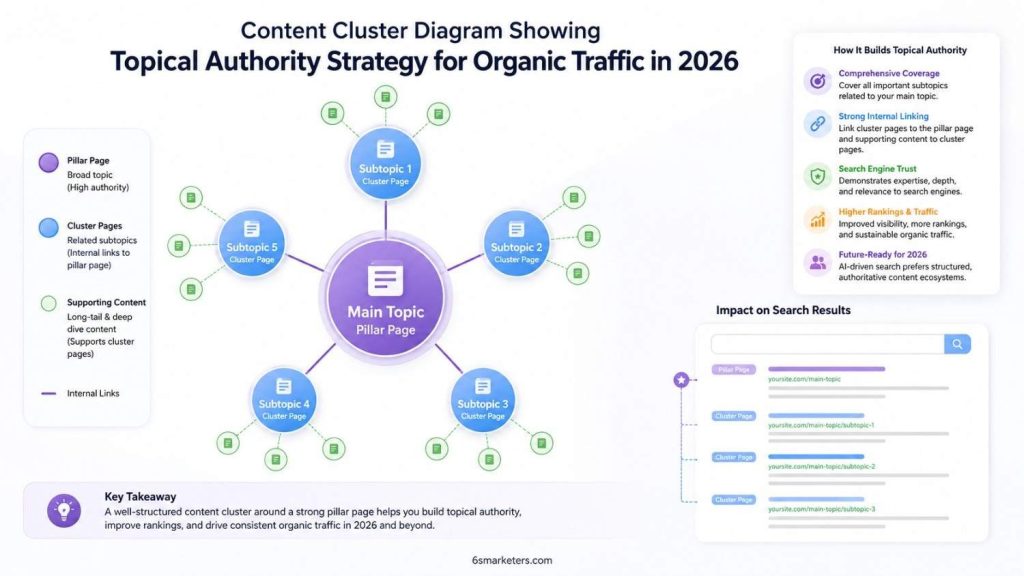 Content cluster diagram showing topical authority strategy for organic traffic in 2026