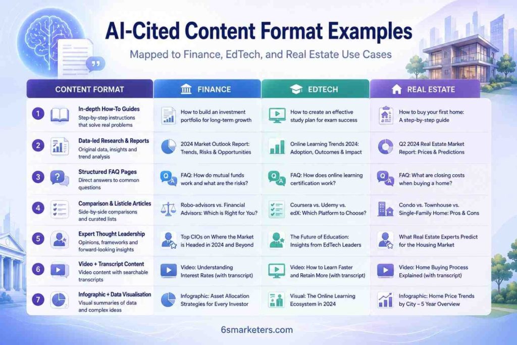 Examples of AI-cited content formats used in Finance, EdTech and Real Estate marketing