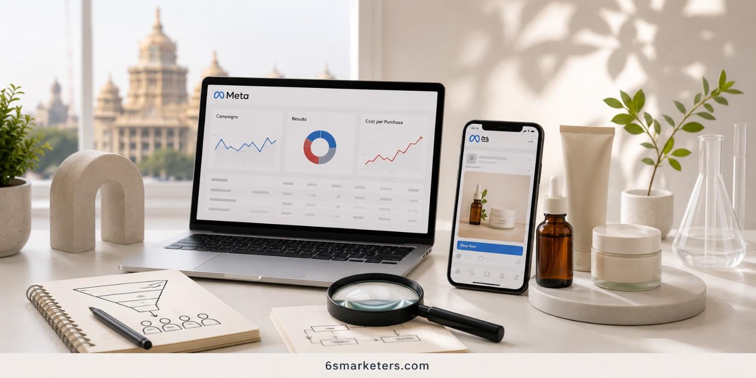 Hero banner for a D2C skincare Meta ads case study featuring a Bengaluru skincare brand, Meta campaign analytics, and conversion optimisation.