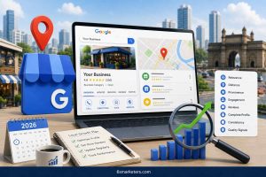 Google Business Profile optimization illustration showing a business listing dashboard, local map pin, search visibility metrics, growth charts, and SEO elements representing the key ranking factors for improving local search performance in 2026.