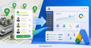 Illustration showing Google Local Services Ads migrating into Google Ads with Performance Max, featuring local business listings, maps, analytics dashboard, and lead management.