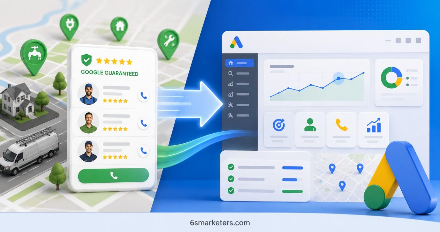 Illustration showing Google Local Services Ads migrating into Google Ads with Performance Max, featuring local business listings, maps, analytics dashboard, and lead management.