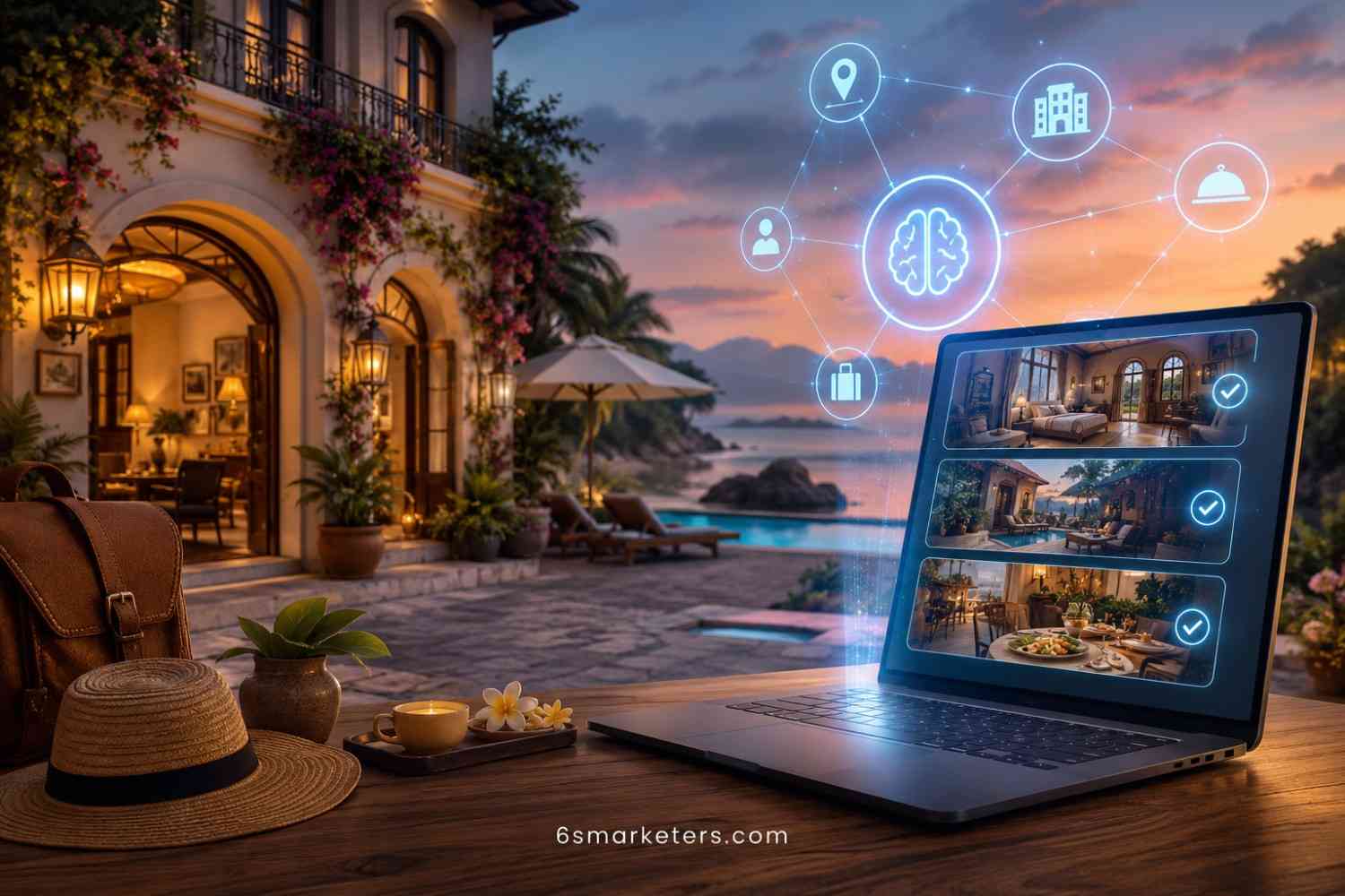 AI travel recommendations highlighting boutique hotels using structured content, local relevance, guest reviews, and trusted travel signals.