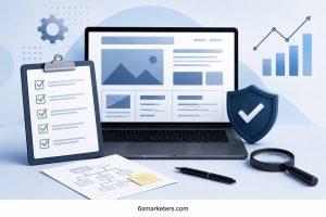 SEO website redesign checklist illustration with laptop, checklist, analytics, and security shield for migration planning