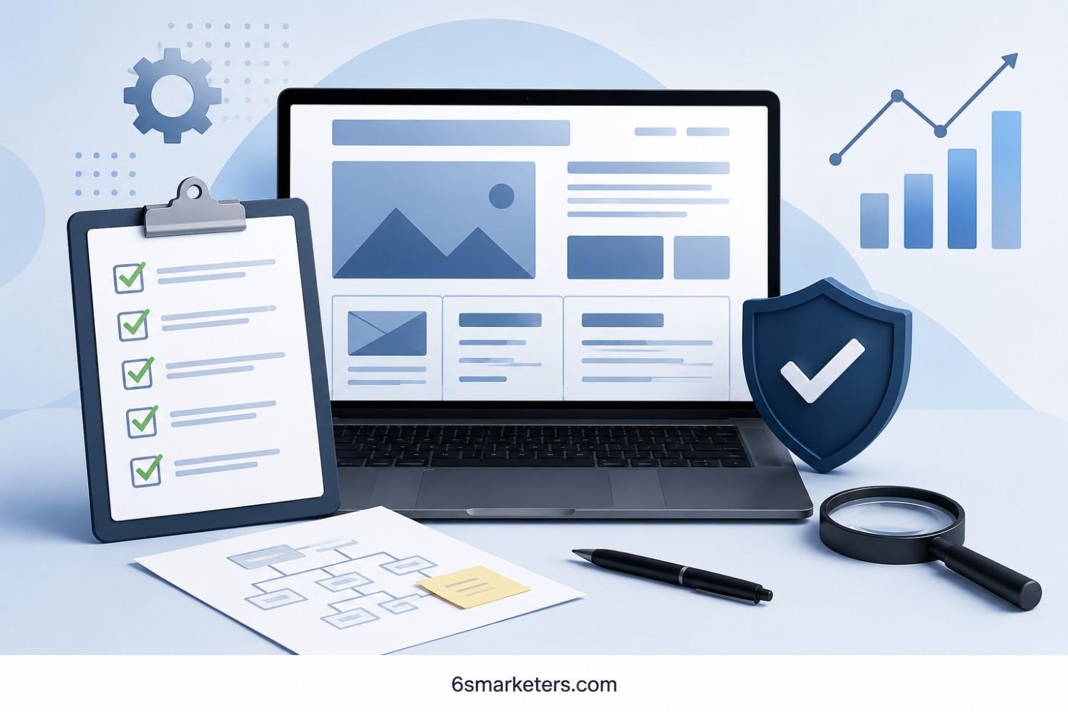 SEO website redesign checklist illustration with laptop, checklist, analytics, and security shield for migration planning