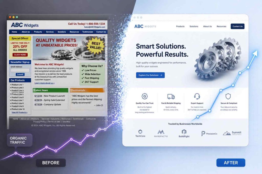 SEO checklist for website redesign showing before and after site layout with improved structure and user experience