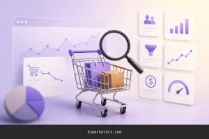 Illustration of an ecommerce performance dashboard highlighting the difference between add-to-cart rate and revenue-driven metrics, featuring KPI cards for conversion rate, average order value, revenue per visitor, purchase frequency, cart-to-purchase rate, and net revenue with a shopping cart and analytics visuals.