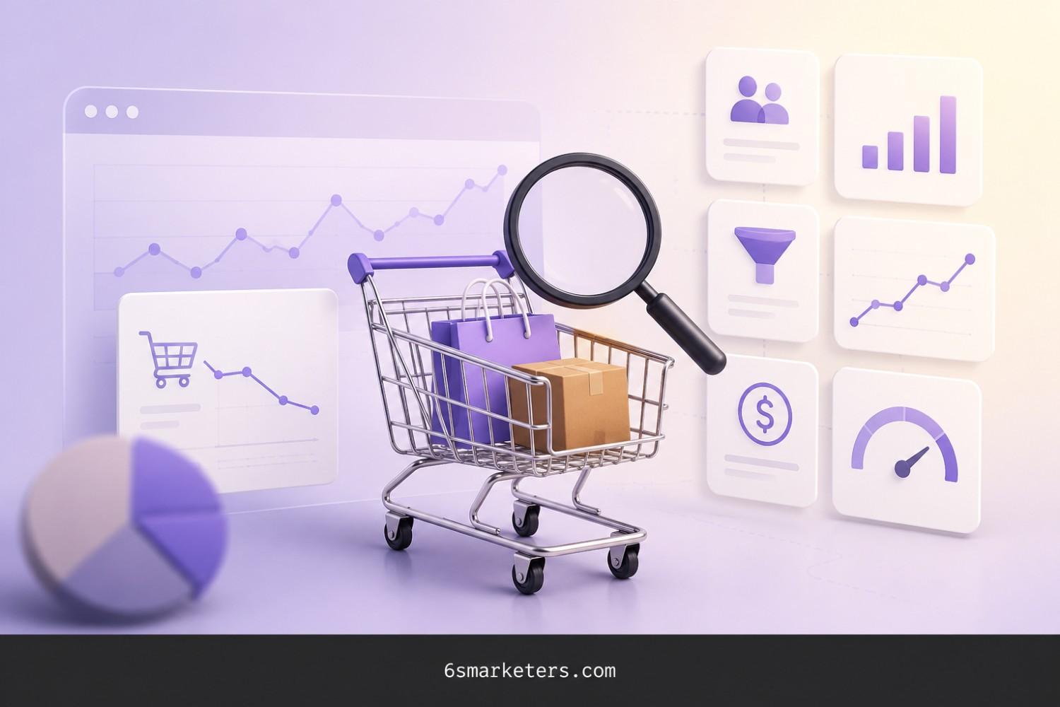 Illustration of an ecommerce performance dashboard highlighting the difference between add-to-cart rate and revenue-driven metrics, featuring KPI cards for conversion rate, average order value, revenue per visitor, purchase frequency, cart-to-purchase rate, and net revenue with a shopping cart and analytics visuals.