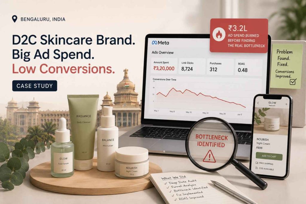 D2C skincare Meta ads case study showing how a Bengaluru D2C skincare brand burned ₹3.2L on Meta ads before the real conversion bottleneck was identified and fixed.