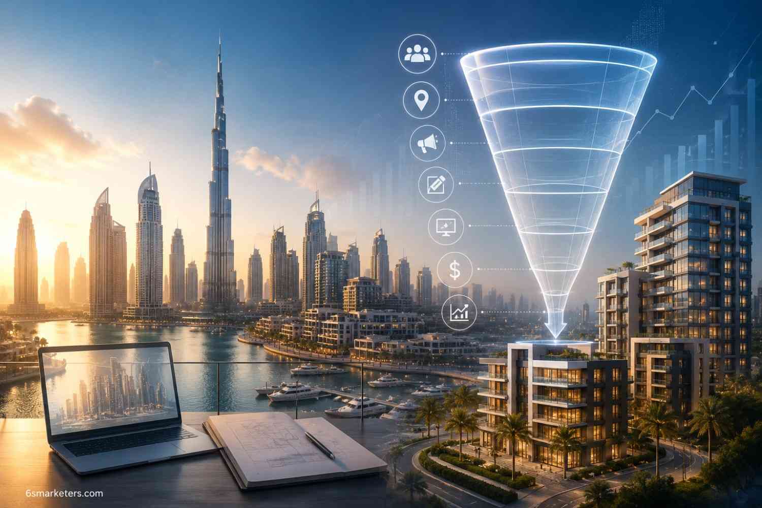 Illustration of the Ads Strategy for Dubai Real Estate Developers with a 7 step paid advertising framework.