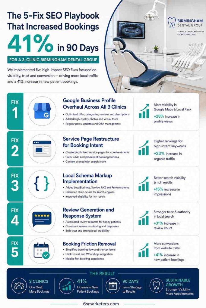Infographic showing the 5-fix SEO playbook that increased bookings 41% for a Birmingham dental group in 90 days