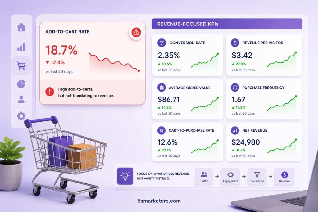 Ecommerce analytics dashboard comparing a declining add-to-cart rate with revenue-focused KPIs including conversion rate, average order value, revenue per visitor, purchase frequency, cart-to-purchase rate, and net revenue, alongside a 3D shopping cart illustration.