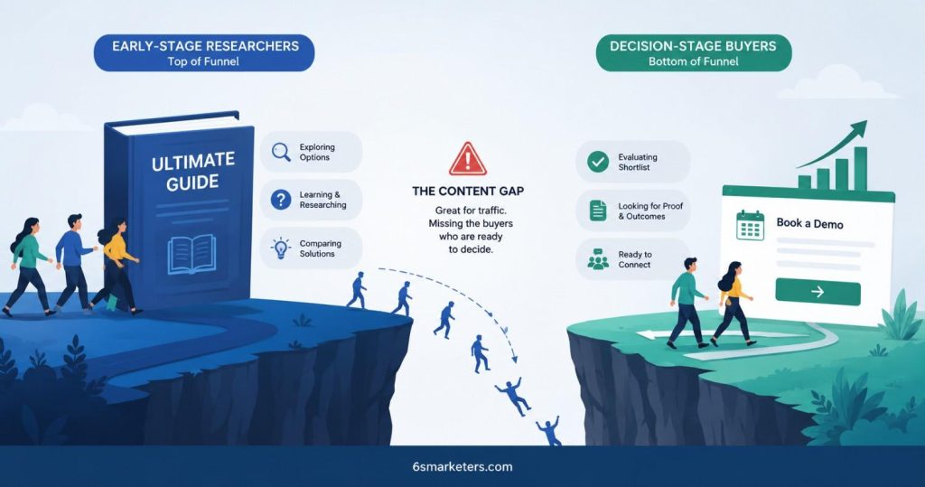 Diagram showing the buyer journey gap in Indian EdTech — how ultimate guide content attracts early-stage researchers but loses decision-stage buyers