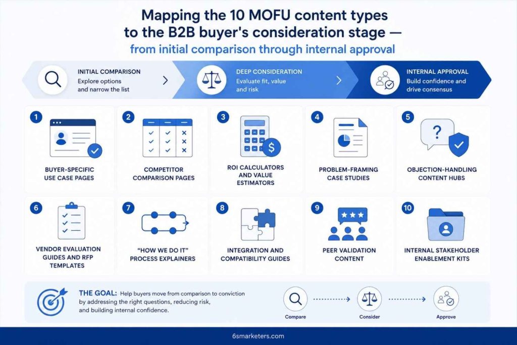 B2B buyer journey diagram showing where middle-of-funnel content types map to the consideration and evaluation stage