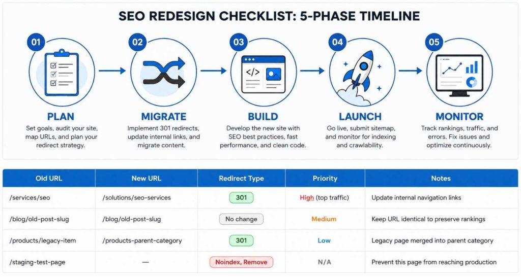 Five-phase timeline of an SEO redesign checklist from planning through post-launch monitoring.