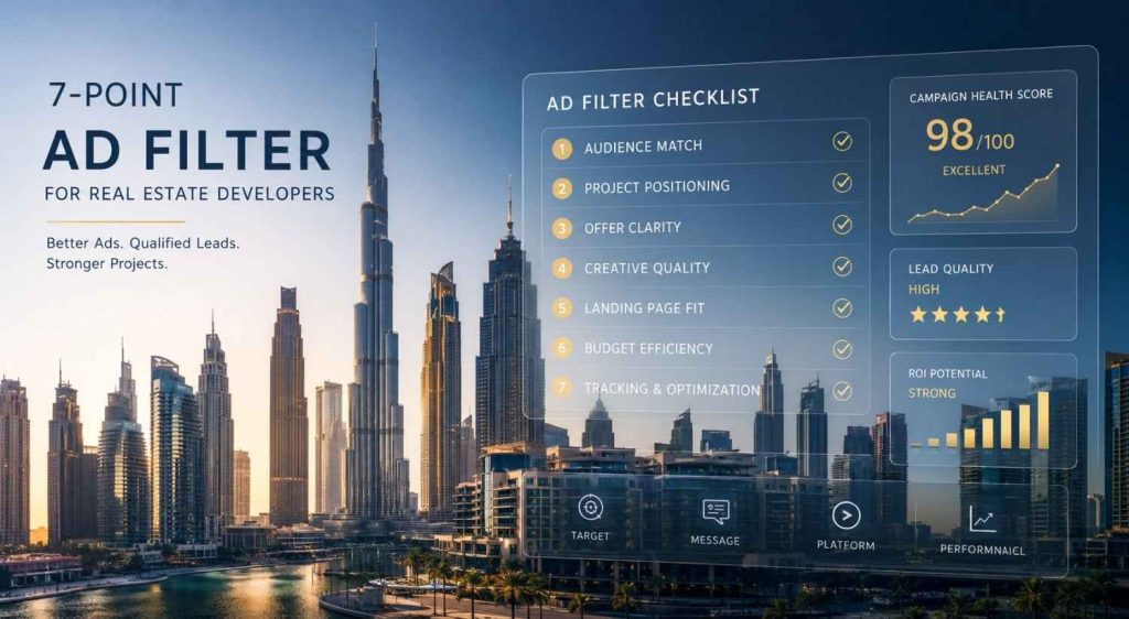 Dubai real estate skyline with a marketing dashboard overlay representing the 7-point ad filter for developers