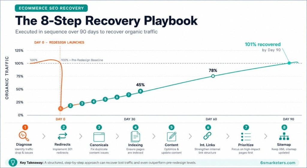 Infographic showing the 8-step ecommerce SEO recovery playbook timeline — from emergency crawl to Core Web Vitals fix over 90 days