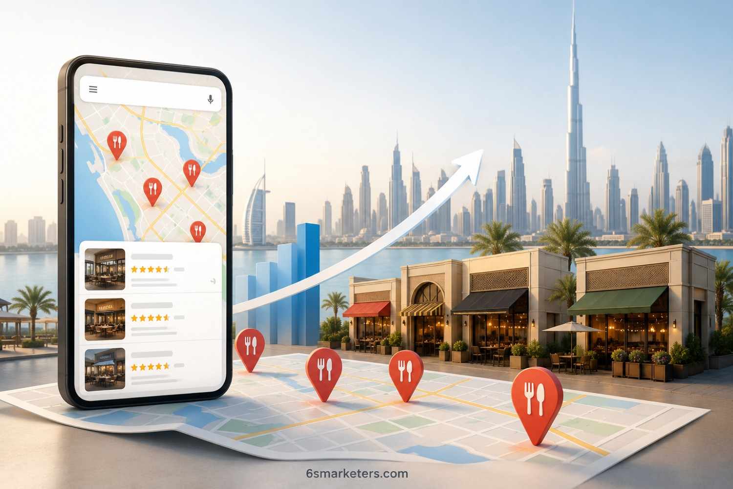 Illustrative blog banner for a local SEO case study showing multiple restaurant locations across the UAE, with Google Maps pins, location listings, ranking improvements, and a digital map