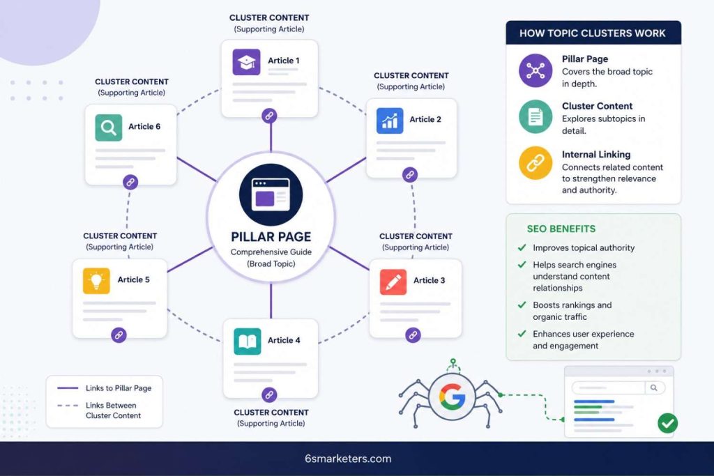 topic cluster internal linking structure connecting pillar pages and supporting articles